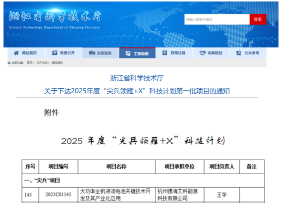 德海艾科钒液流电池研发项目成功入选浙江省2025年度“尖兵领雁+X”科技计划